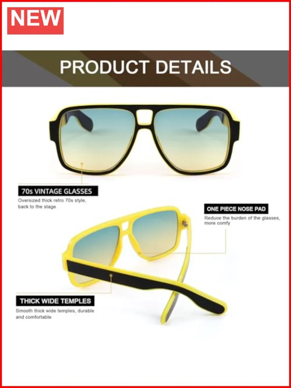 Retro Aviator Sunglasses Double Bridge Square Frame UV400 Protection
